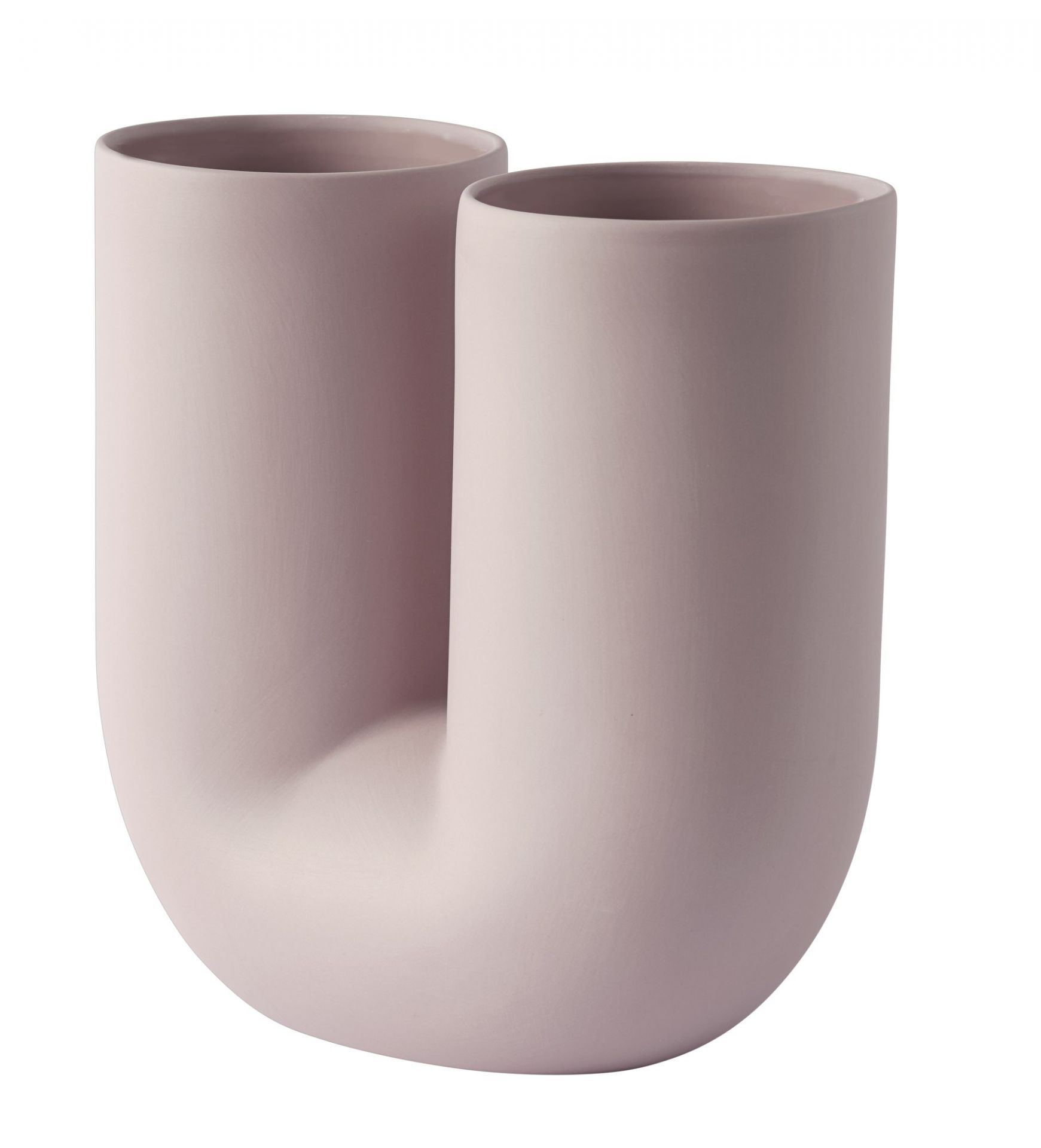 Rosa Kink Vase von Muuto: Moderne Keramikvase mit zwei Öffnungen für Blumen und Dekoration.